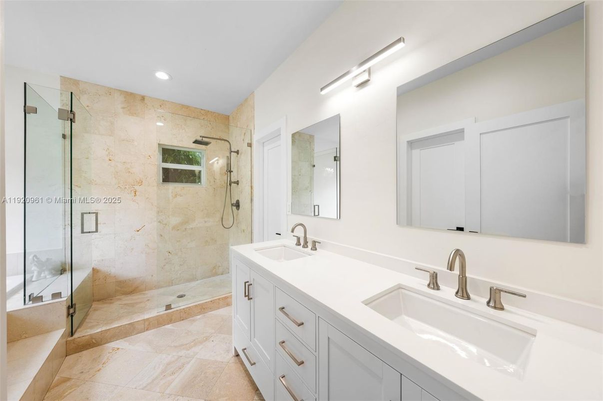 Bathroom, Dual Sink Vanities, Glass Shower, Interior, Recessed Lighting
