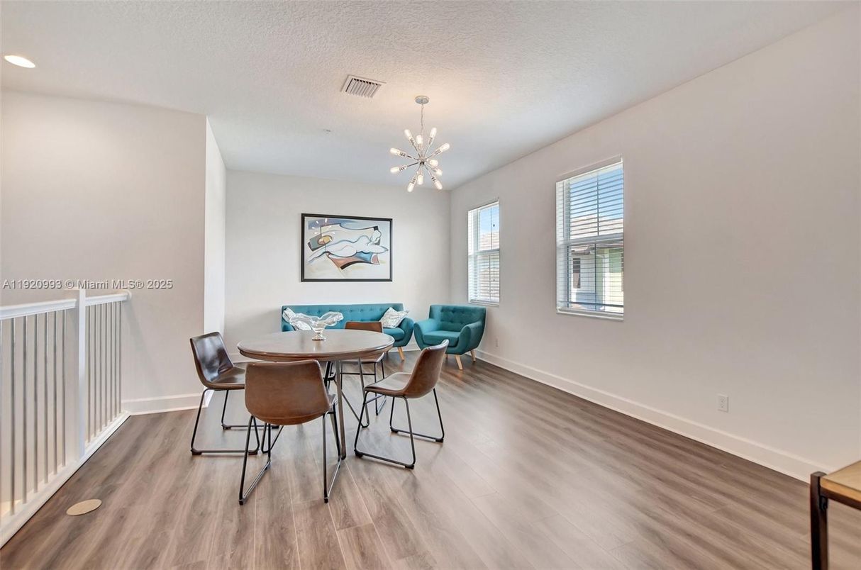 Dining room, Interior, Pendant Lights, Recessed Lighting, Wood Texture Flooring