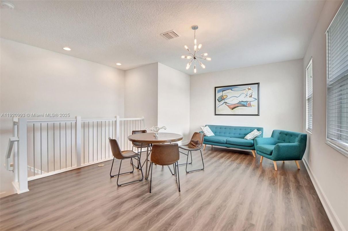 Dining room, Interior, Pendant Lights, Recessed Lighting, Wood Texture Flooring