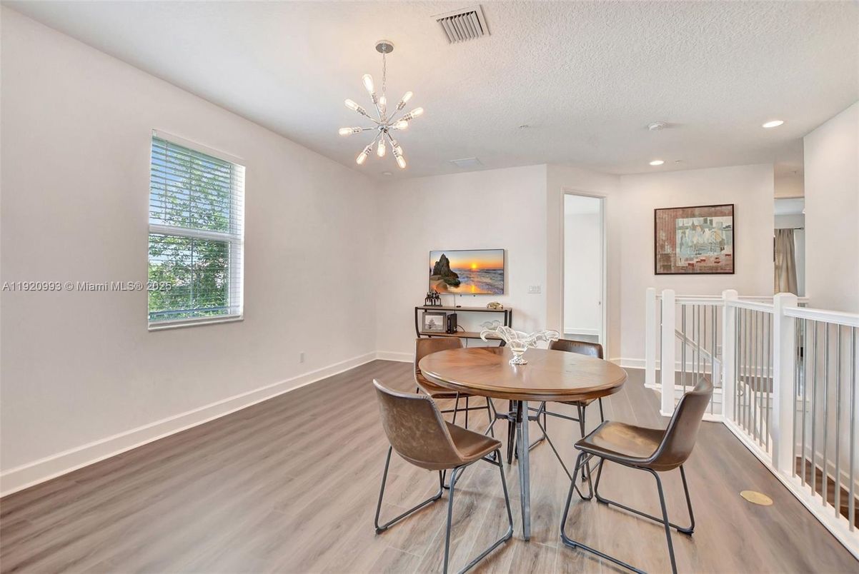 Dining room, Interior, Pendant Lights, Recessed Lighting, Wood Texture Flooring