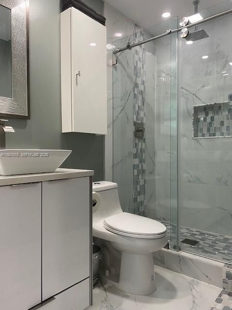 Bathroom, Glass Shower, Interior, Marble, Marble Walls, Recessed Lighting