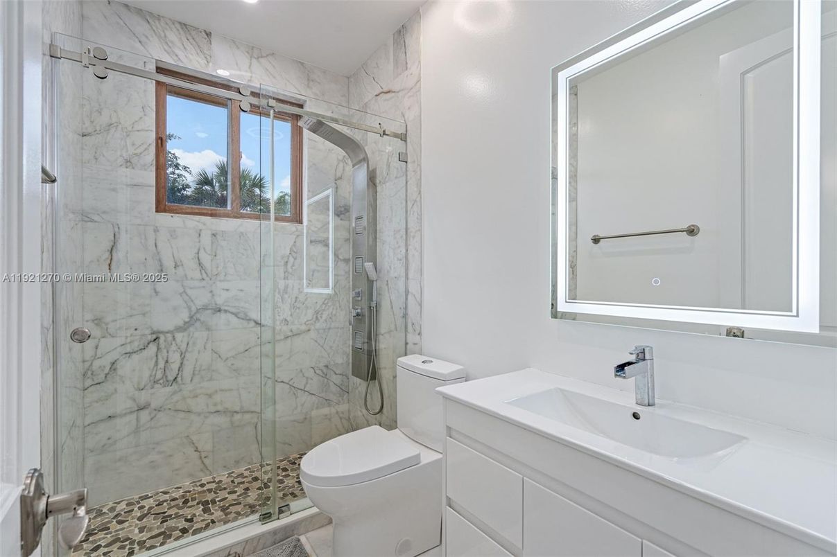Bathroom, Glass Shower, Interior, Marble Walls, Recessed Lighting