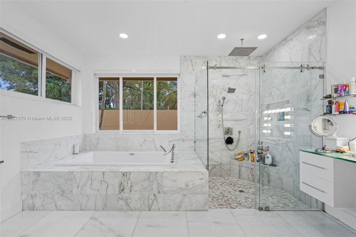 Bathroom, Glass Shower, Interior, Marble Walls, Recessed Lighting