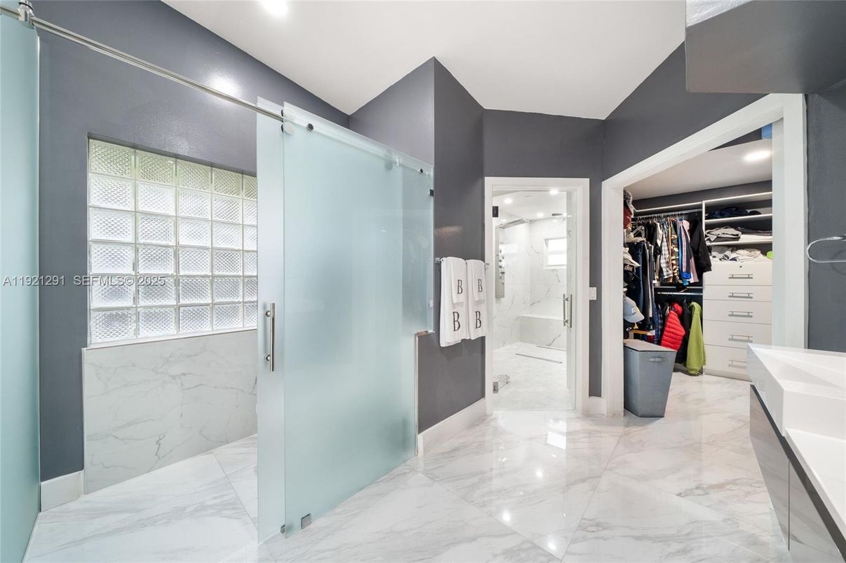 Bathroom, Glass Shower, Interior, Marble, Marble Walls, Recessed Lighting, Walk-in Closets