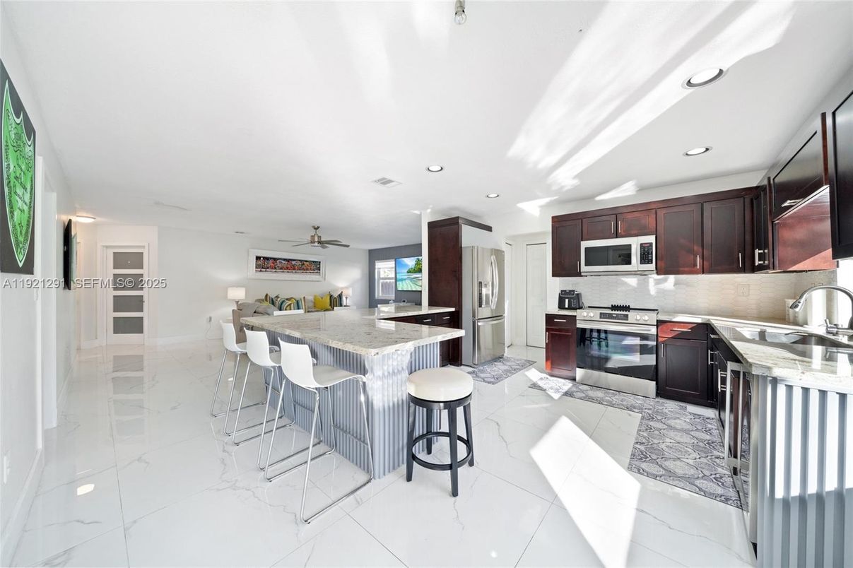 Interior, Kitchen, Marble, Recessed Lighting, Stainless Steel Appliances