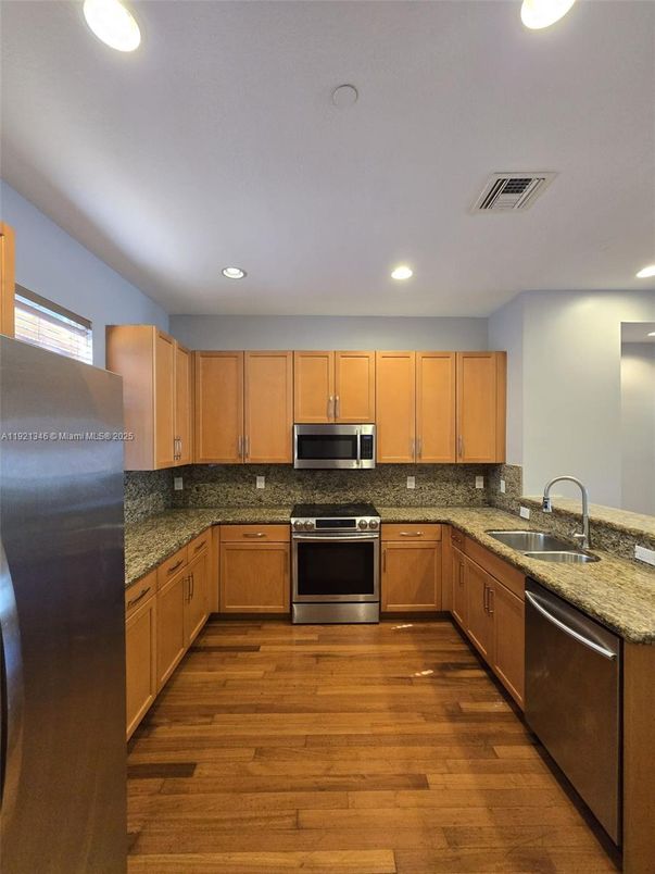 Interior, Kitchen, Recessed Lighting, Stainless Steel Appliances, Wood Texture Flooring