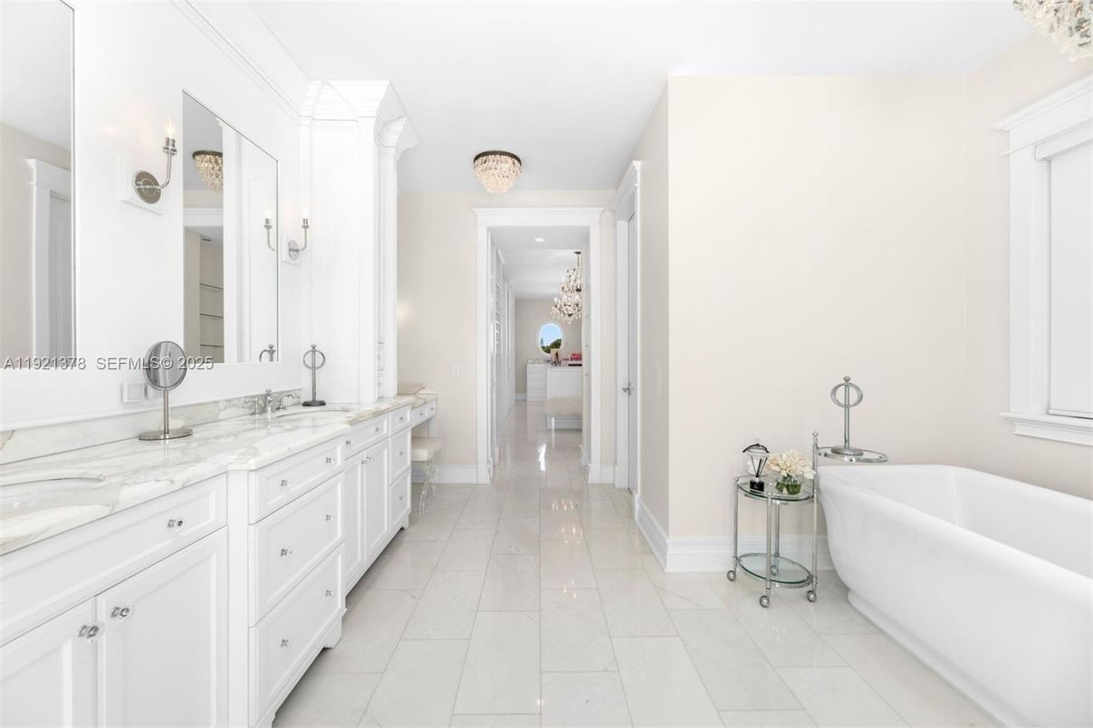 Bathroom, Dual Sink Vanities, Free Standing Baths, Interior, Marble, Recessed Lighting