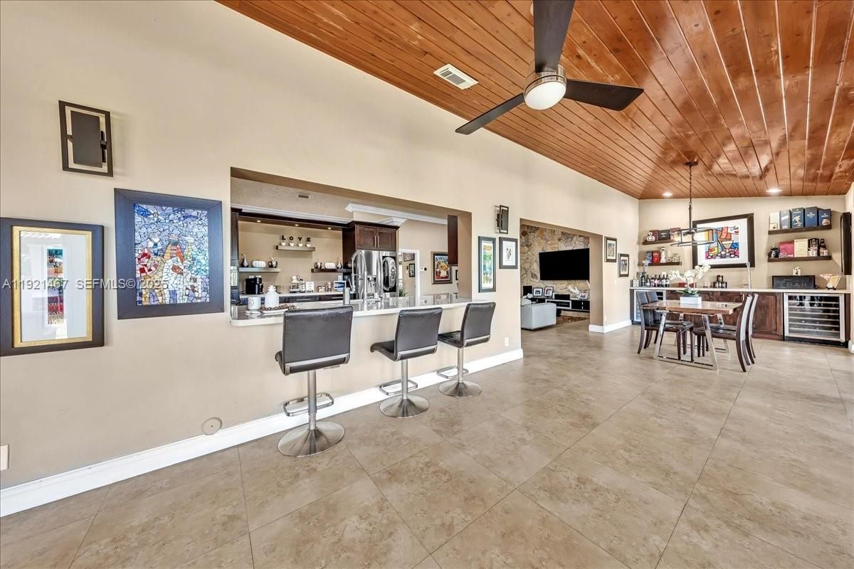 Dining room, Interior, Kitchen, Pendant Lights, Recessed Lighting, Wooden Ceilings