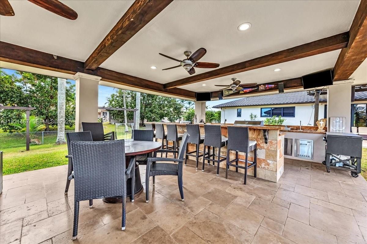 Exterior, Outdoor Kitchen, Recessed Lighting, Wooden Beams