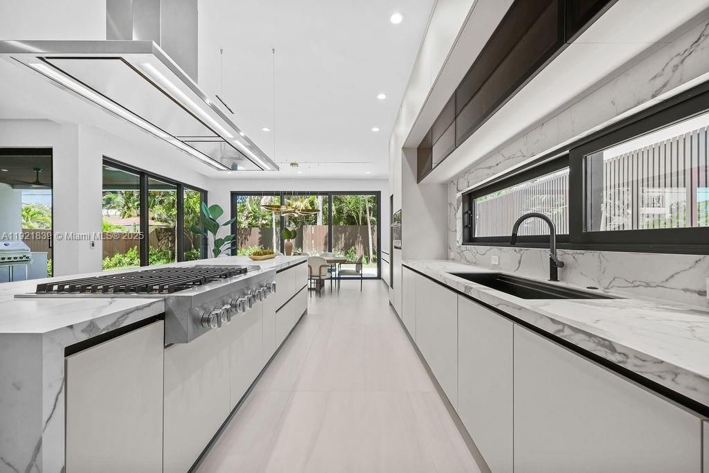 Interior, Kitchen, Marble Walls, Pendant Lights, Recessed Lighting