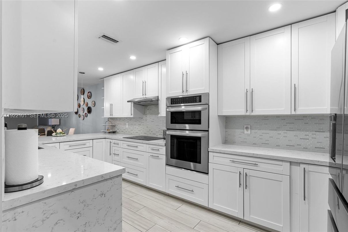 Interior, Kitchen, Recessed Lighting, Stainless Steel Appliances, Wood Texture Flooring