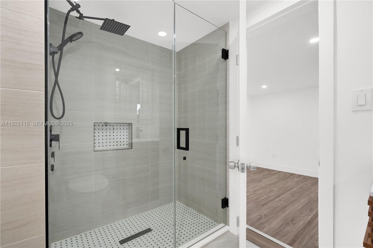 Bathroom, Glass Shower, Interior, Recessed Lighting, Wood Texture Flooring