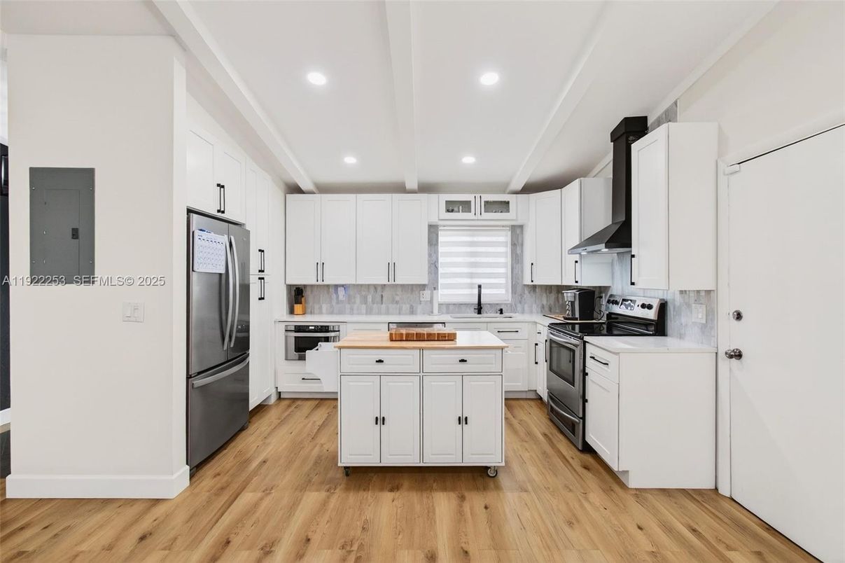 Interior, Kitchen, Recessed Lighting, Stainless Steel Appliances, Wood Texture Flooring