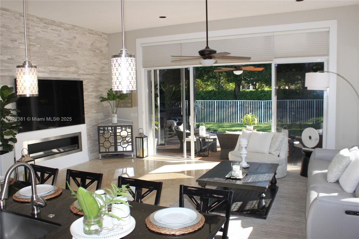 Dining room, Fireplace, Interior, Living room, Pendant Lights, Stone Walls