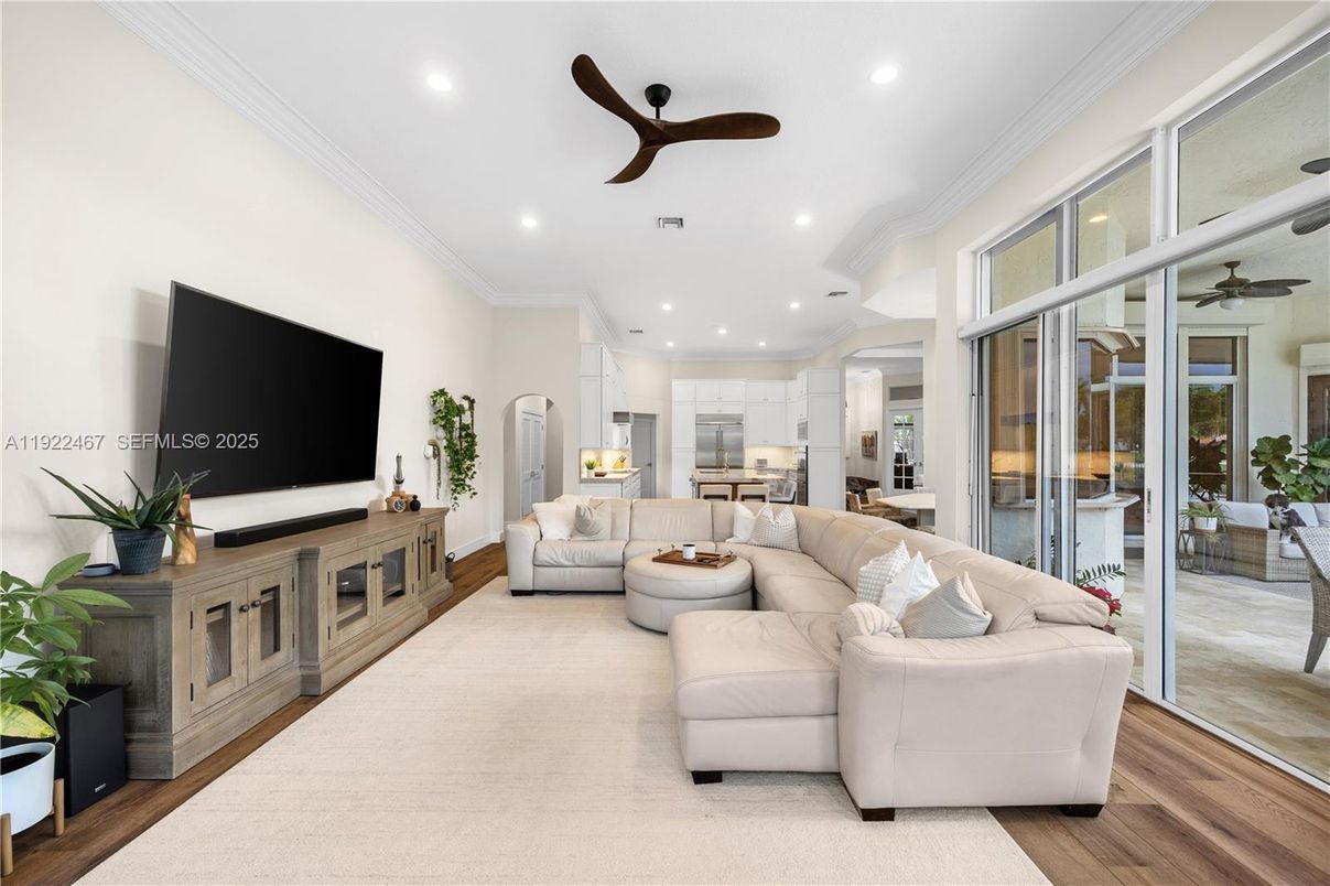 Interior, Kitchen, Living room, Recessed Lighting, Stainless Steel Appliances, Wood Texture Flooring