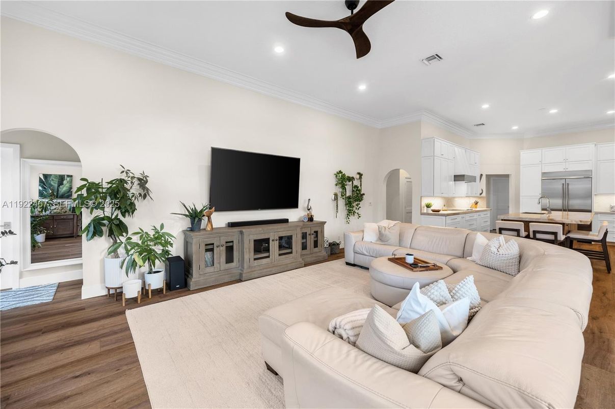 Interior, Kitchen, Living room, Recessed Lighting, Stainless Steel Appliances, Wood Texture Flooring