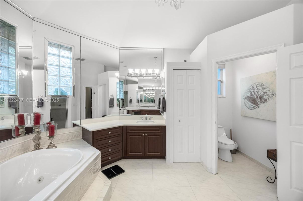 Bathroom, Dual Sink Vanities, Interior, Marble, Pendant Lights