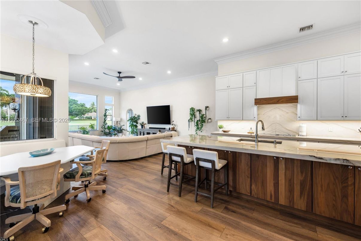 Interior, Kitchen, Living room, Marble Walls, Pendant Lights, Recessed Lighting, Wood Texture Flooring
