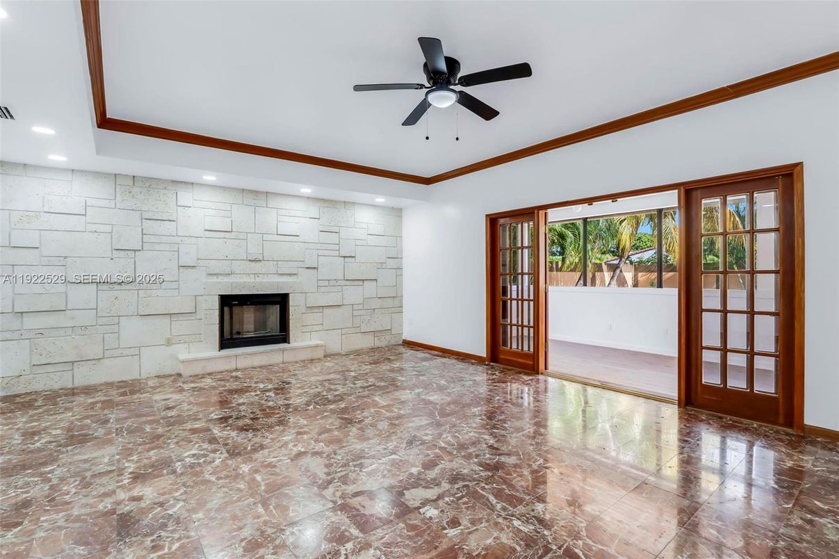 Empty room, Fireplace, Interior, Recessed Lighting, Stone Walls