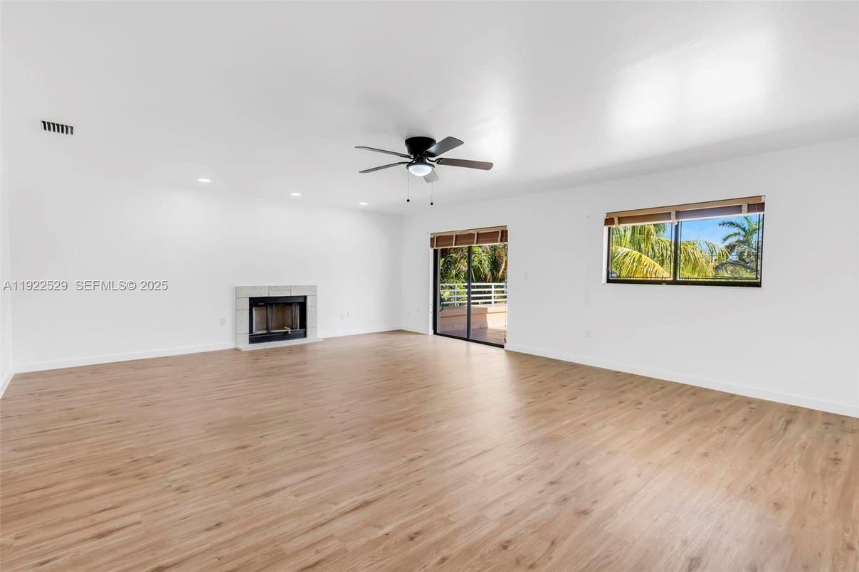 Empty room, Fireplace, Interior, Recessed Lighting, Wood Texture Flooring