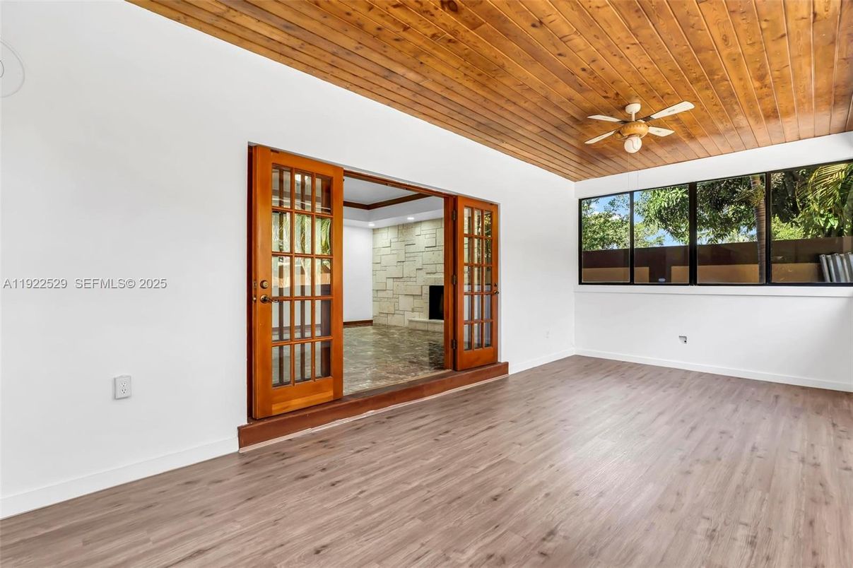 Empty room, Interior, Recessed Lighting, Stone Walls, Wooden Ceilings, Wood Texture Flooring