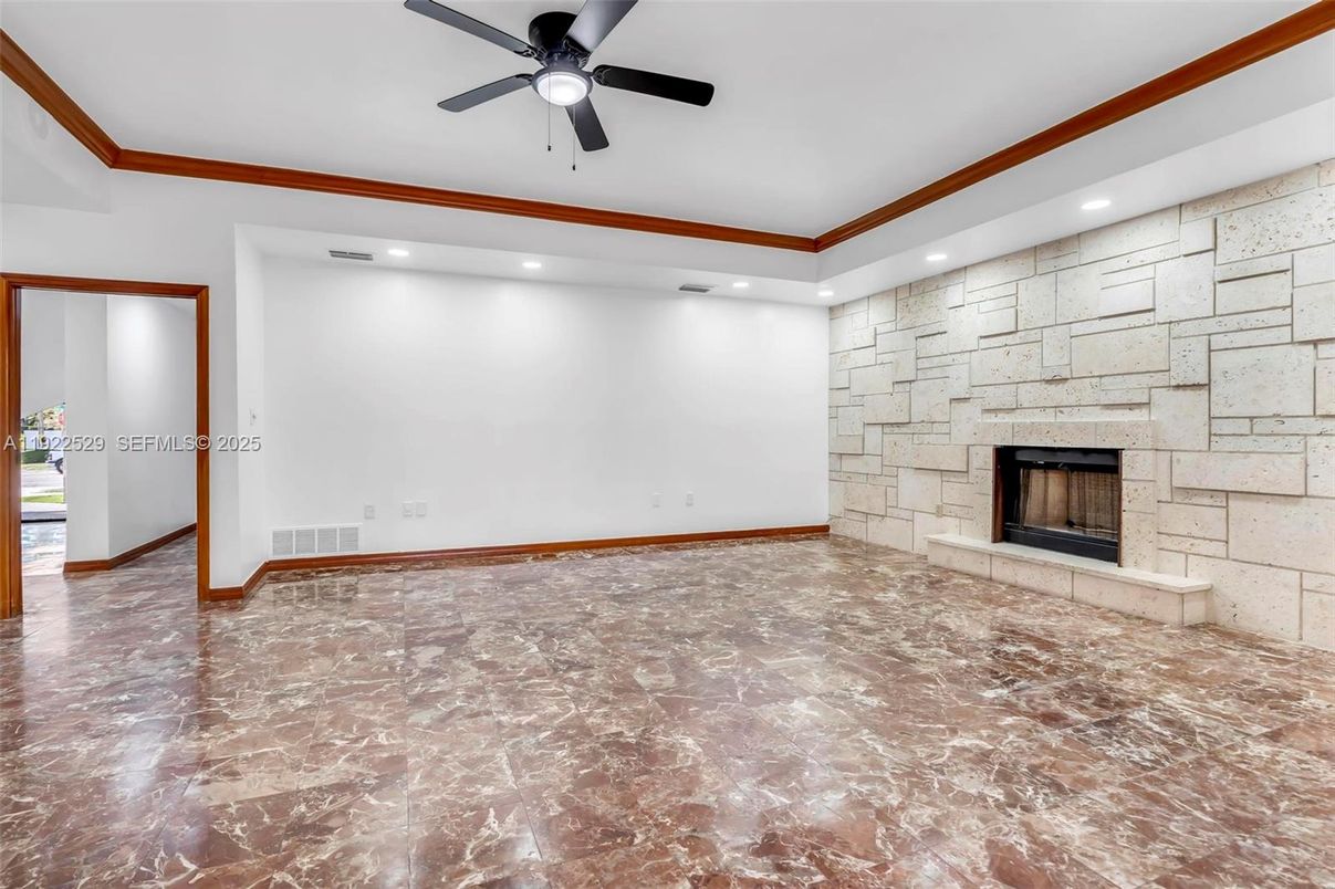 Empty room, Fireplace, Interior, Recessed Lighting, Stone Walls