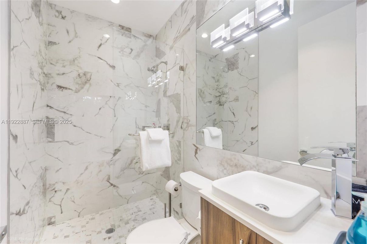 Bathroom, Glass Shower, Interior, Marble Walls, Recessed Lighting