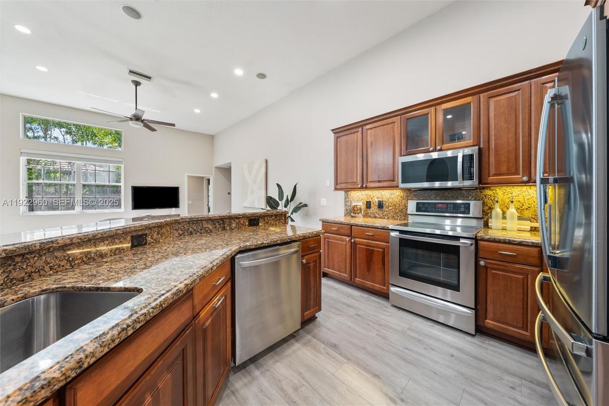 Interior, Kitchen, Recessed Lighting, Stainless Steel Appliances, Wood Texture Flooring