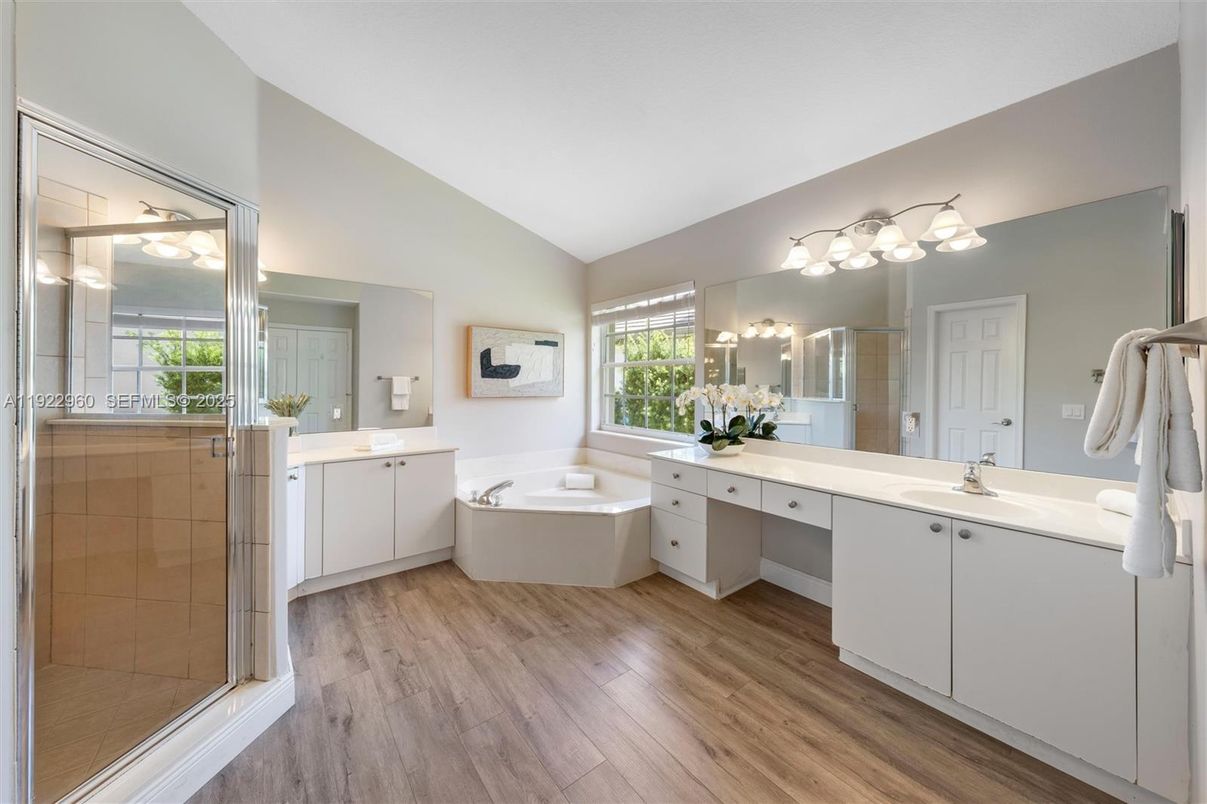 Bathroom, Dual Sink Vanities, Glass Shower, Interior, Wood Texture Flooring
