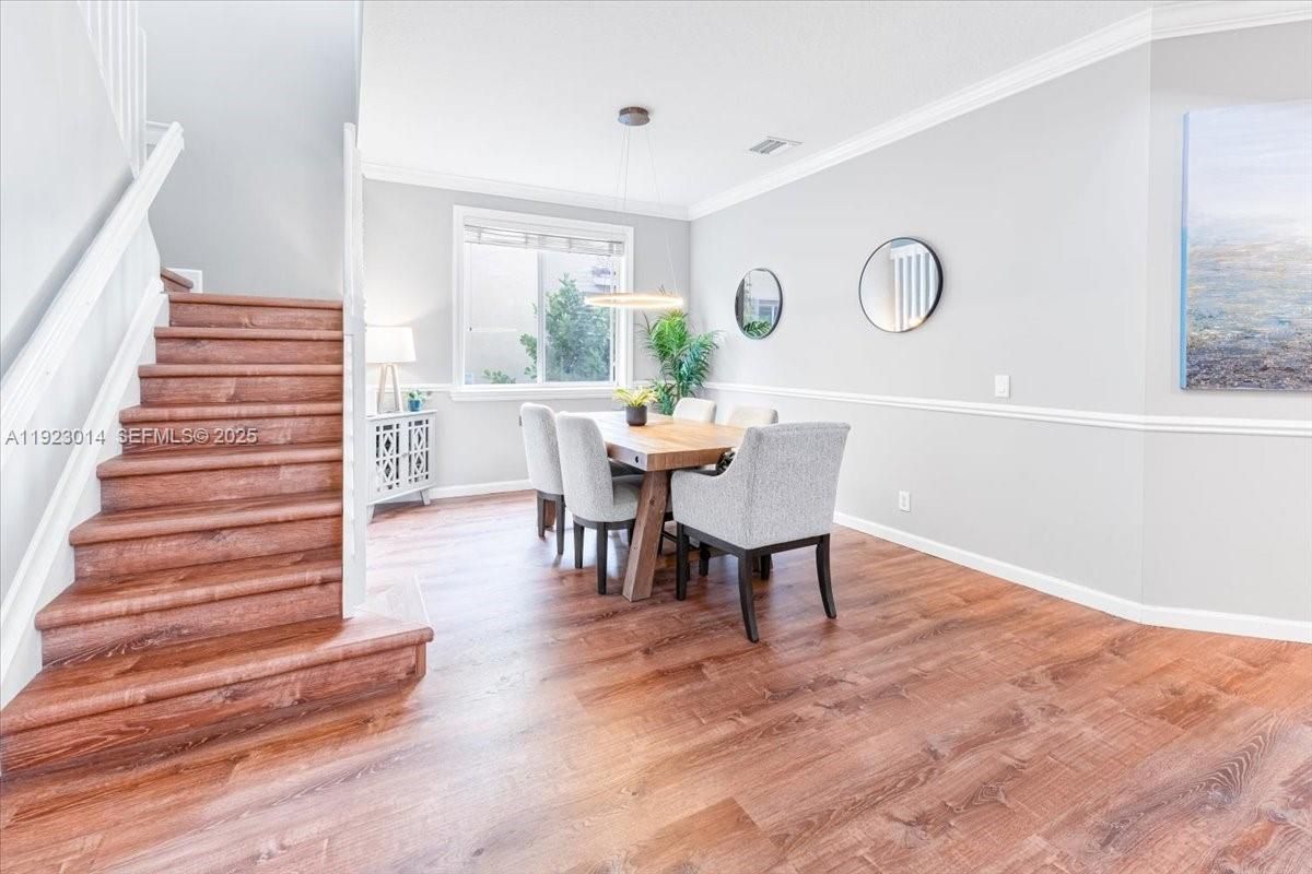 Dining room, Interior, Pendant Lights, Wood Texture Flooring