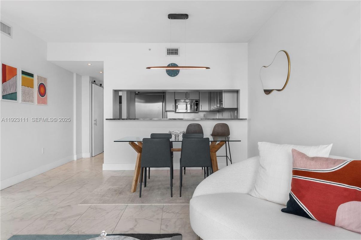 Dining room, Interior, Kitchen, Marble, Pendant Lights, Recessed Lighting, Stainless Steel Appliances
