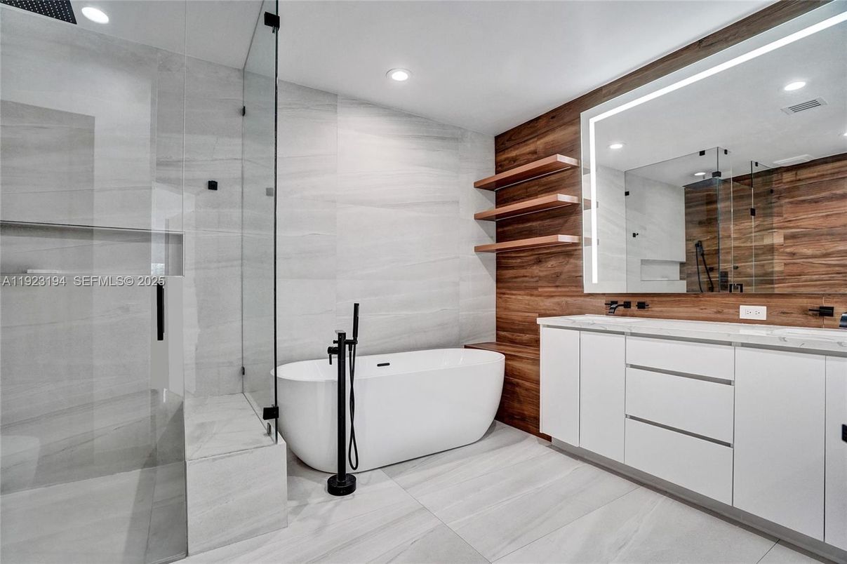 Bathroom, Free Standing Baths, Glass Shower, Interior, Recessed Lighting, Wooden Walls