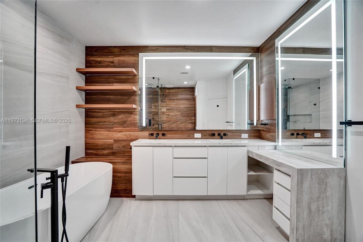 Bathroom, Dual Sink Vanities, Free Standing Baths, Interior, Recessed Lighting, Wooden Walls