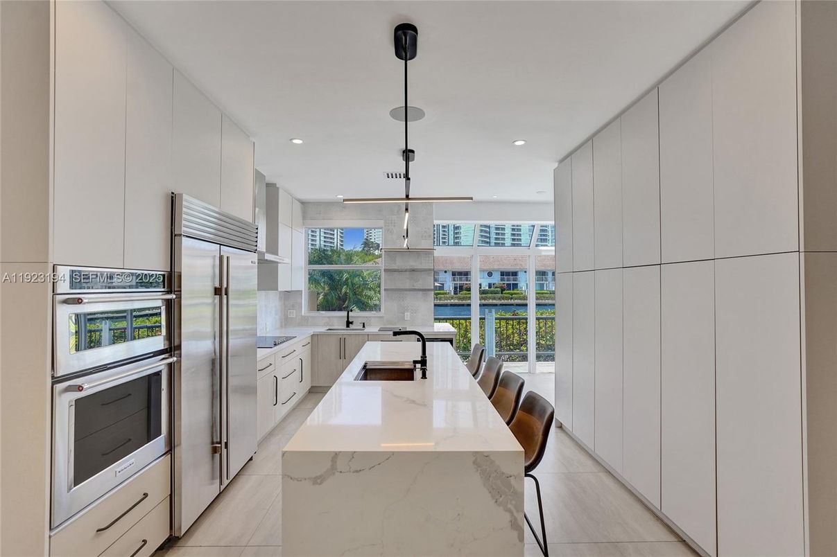 Interior, Kitchen, Marble, Pendant Lights, Recessed Lighting, Stainless Steel Appliances, Water