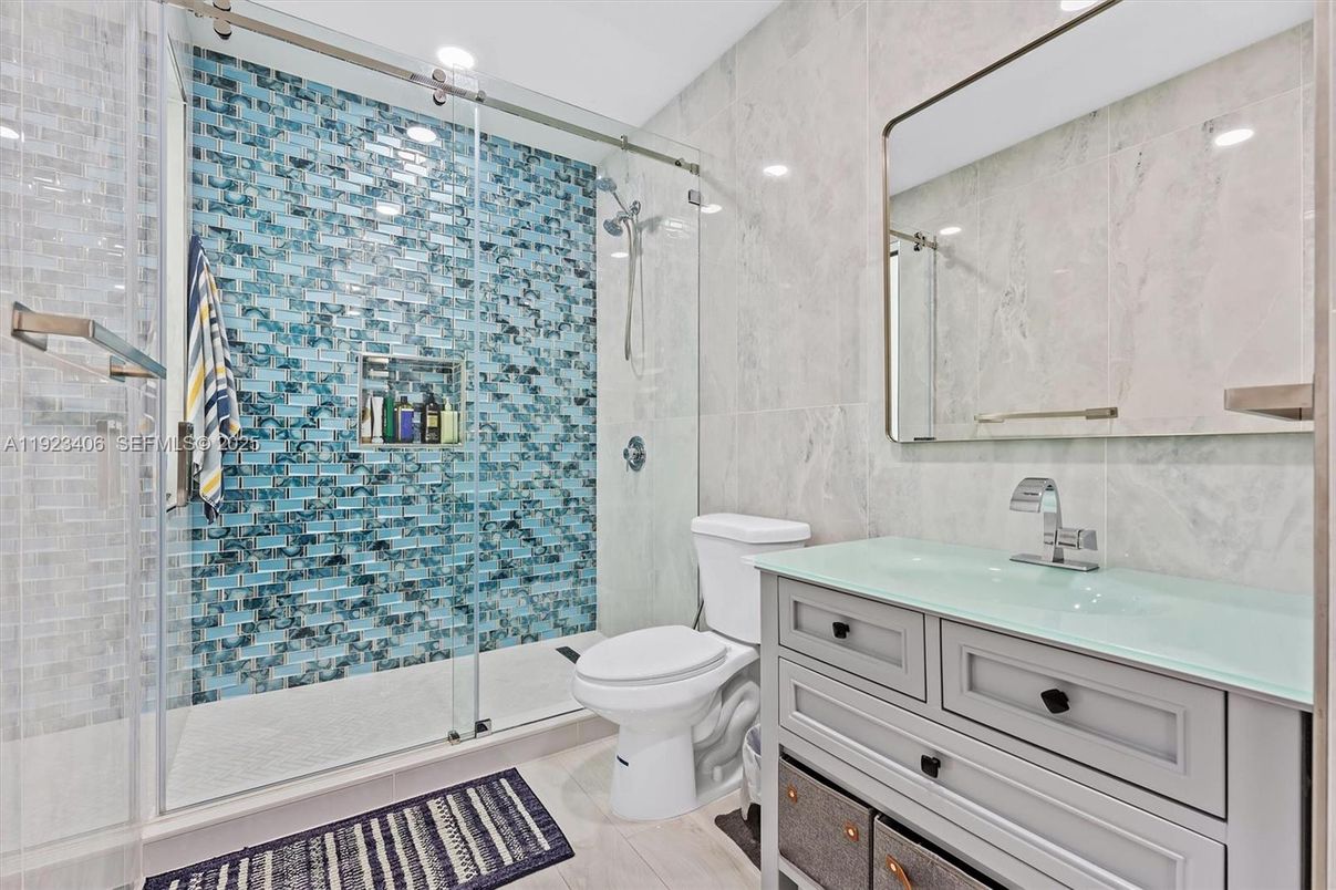 Bathroom, Glass Shower, Interior, Marble Walls, Recessed Lighting