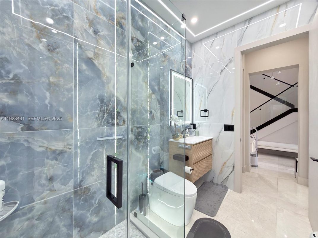 Bathroom, Glass Shower, Interior, Marble Walls, Recessed Lighting