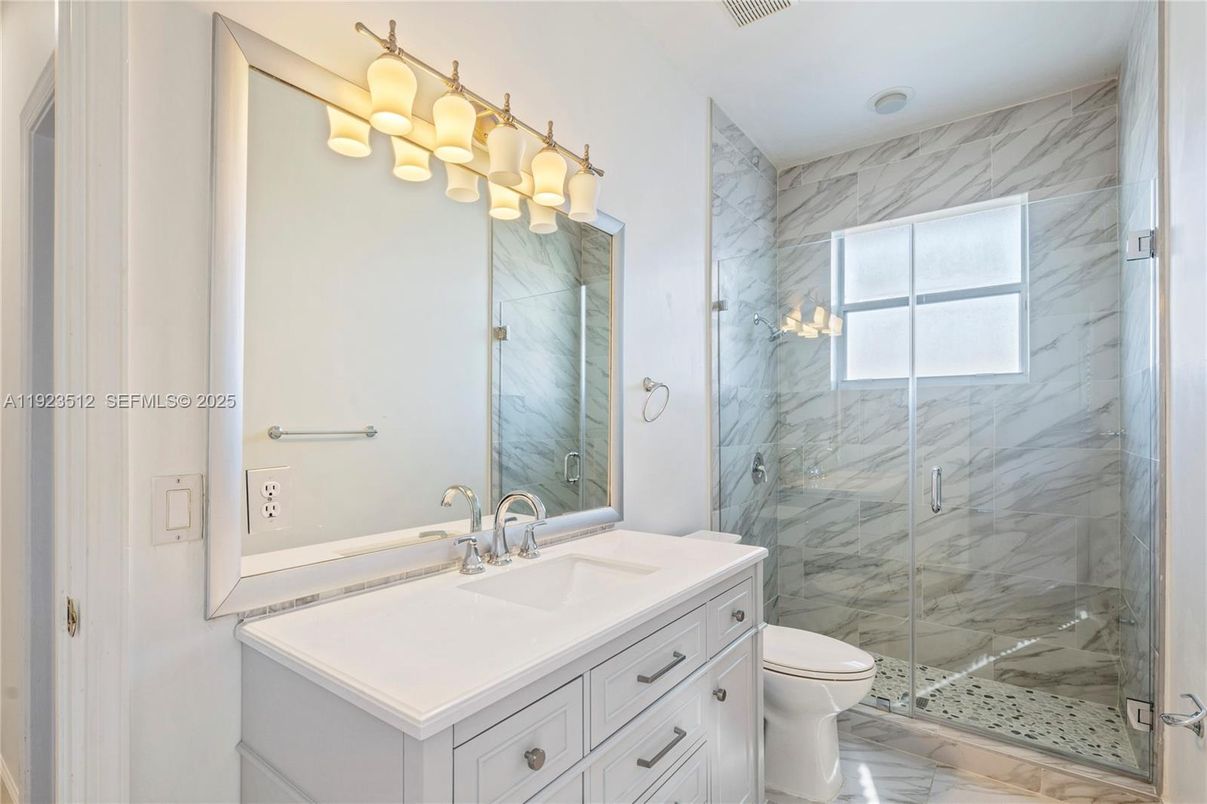Bathroom, Glass Shower, Interior, Marble, Marble Walls, Recessed Lighting