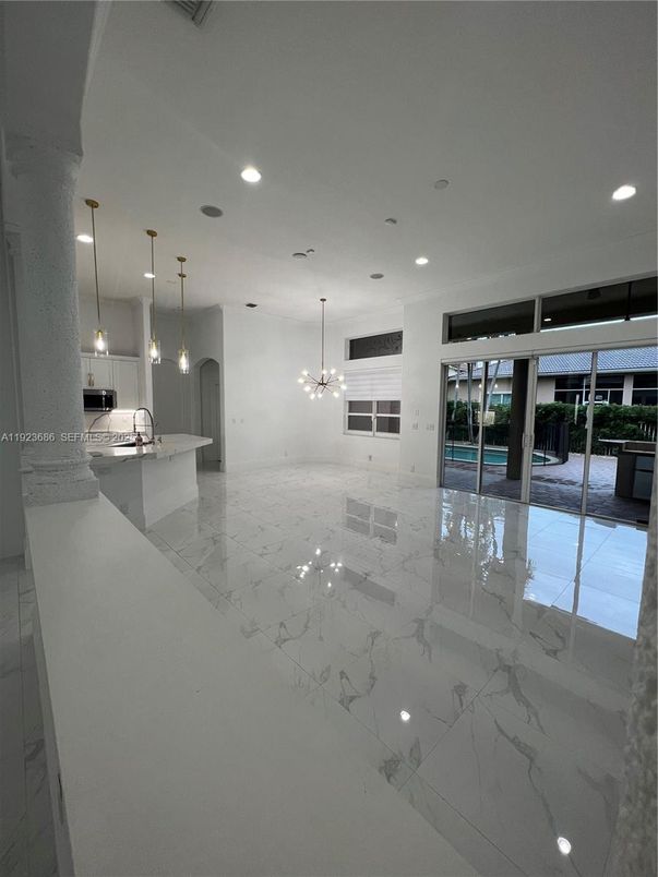 Interior, Kitchen, Marble, Pendant Lights, Recessed Lighting