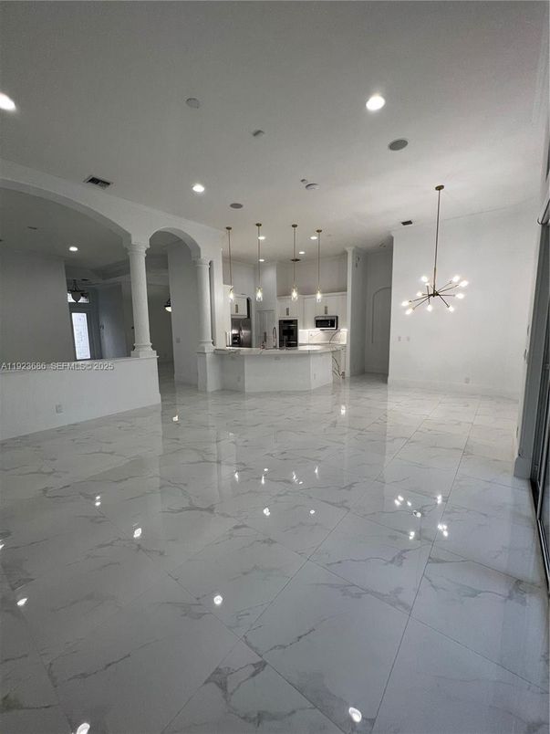 Interior, Kitchen, Marble, Pendant Lights, Recessed Lighting