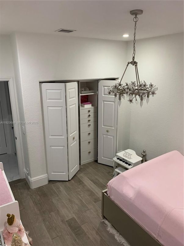 Bedroom, Chandelier, Interior, Recessed Lighting, Wood Texture Flooring