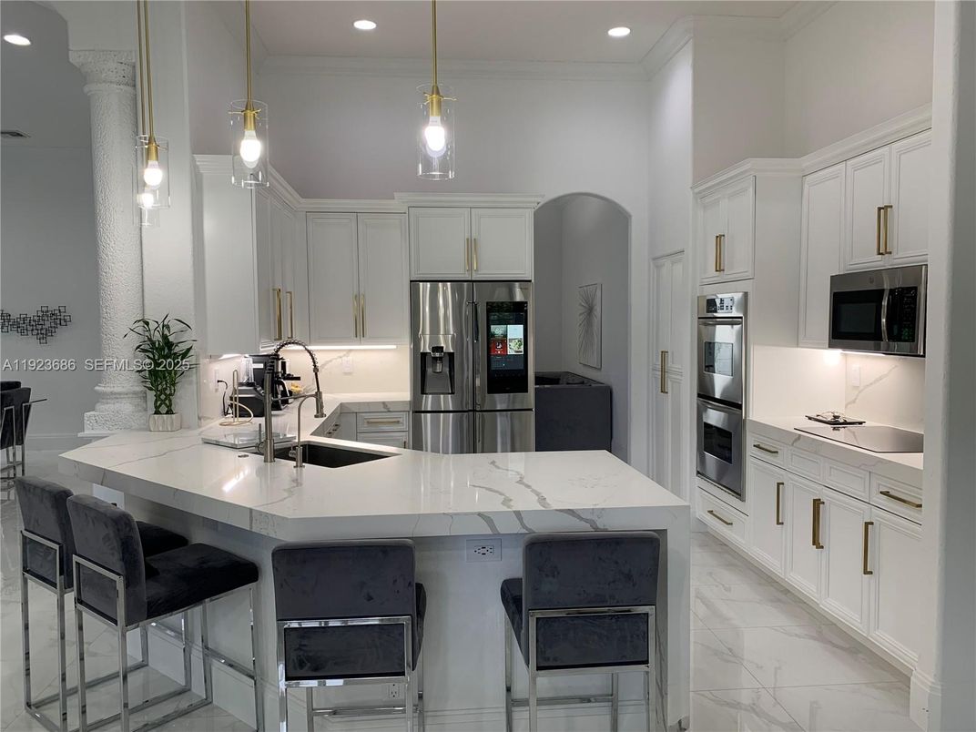 Interior, Kitchen, Marble, Pendant Lights, Recessed Lighting, Stainless Steel Appliances