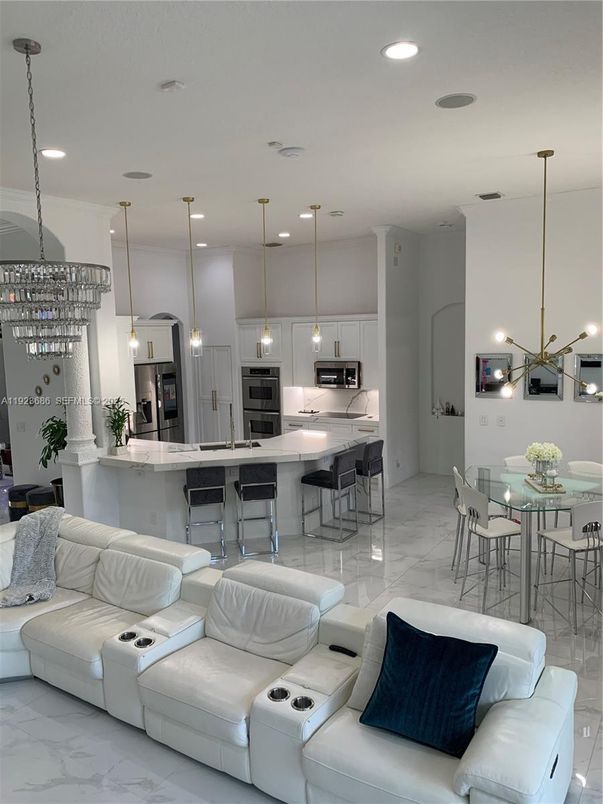 Dining room, Interior, Kitchen, Living room, Marble, Pendant Lights, Recessed Lighting