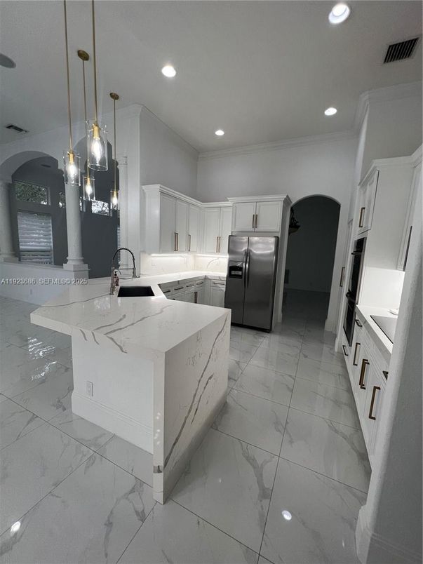 Interior, Kitchen, Marble, Pendant Lights, Recessed Lighting