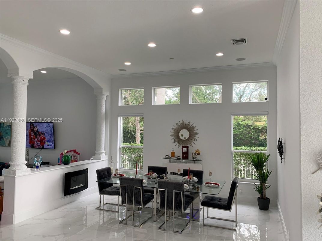 Dining room, Fireplace, Interior, Marble, Recessed Lighting