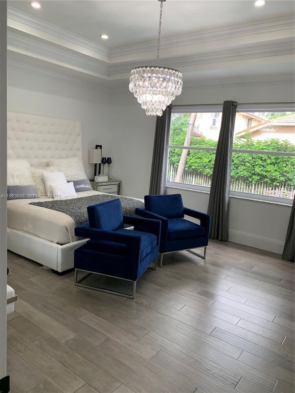 Bedroom, Chandelier, Interior, Recessed Lighting, Wood Texture Flooring