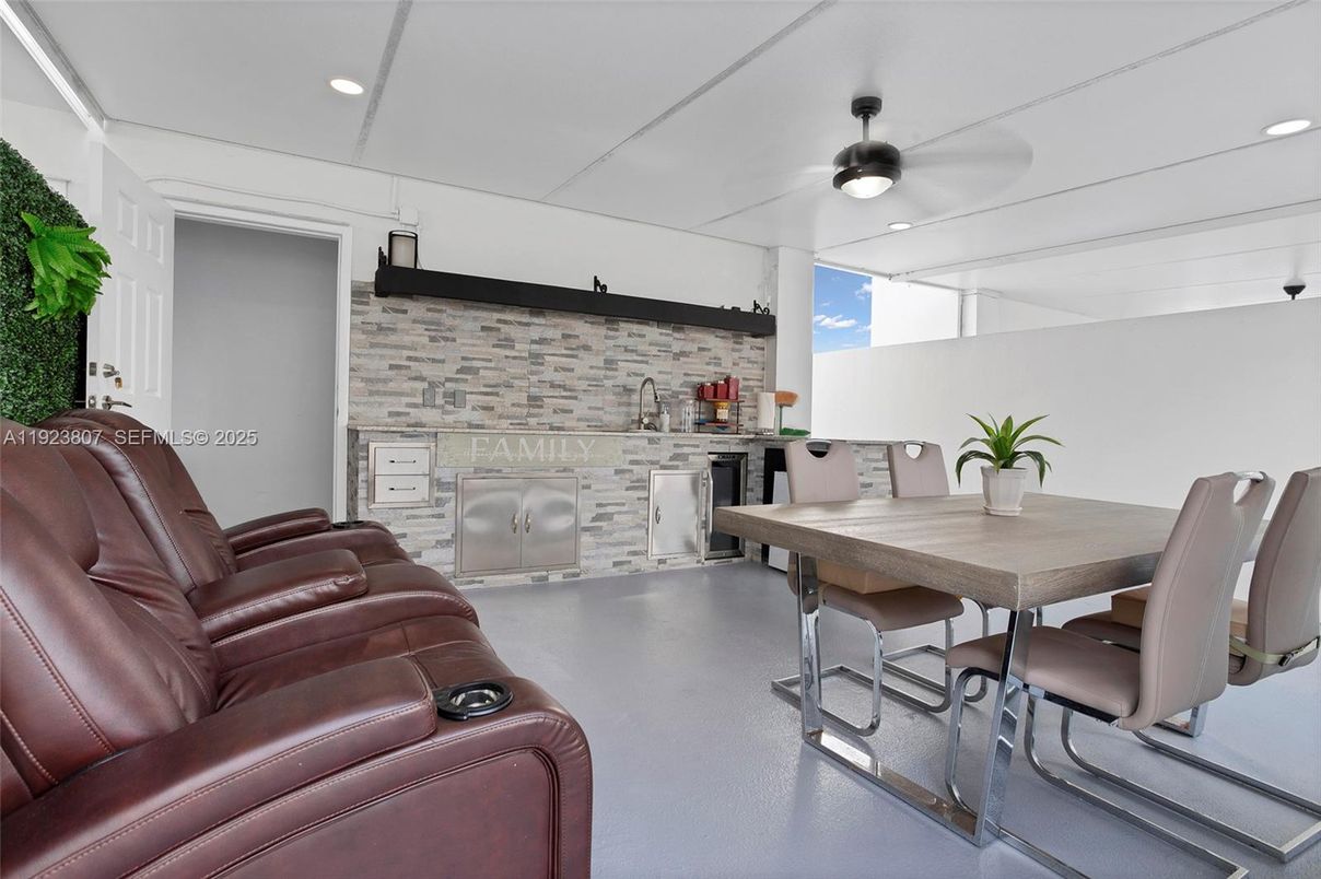 Home Theatre Room, Dining room, Interior, Kitchen, Recessed Lighting, Stainless Steel Appliances, Stone Walls