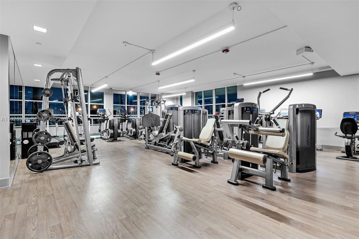 Fitness Equipment, Gym, Interior, Recessed Lighting, Wood Texture Flooring