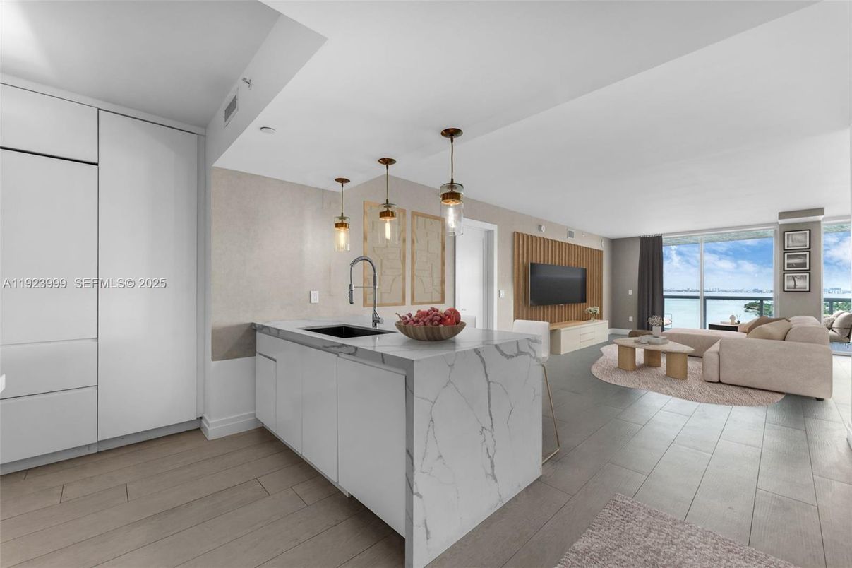 Interior, Kitchen, Living room, Pendant Lights, Water, Wood Texture Flooring