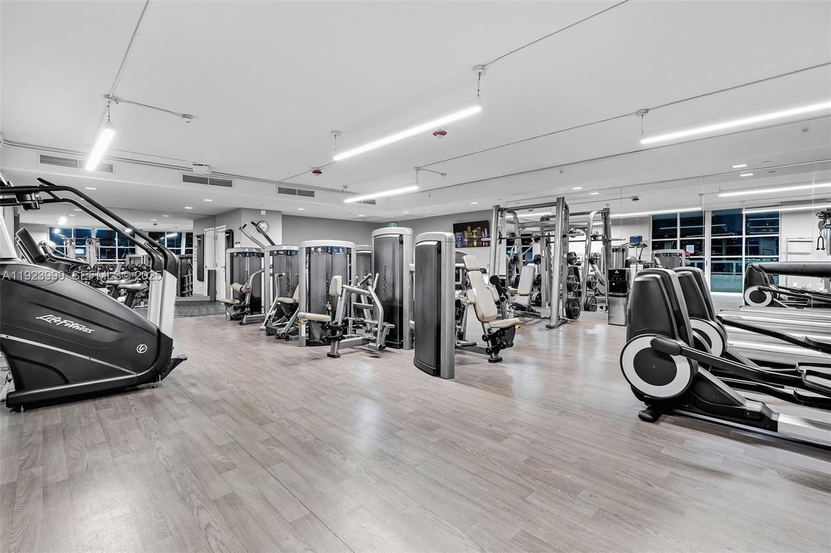 Fitness Equipment, Gym, Interior, Recessed Lighting, Wood Texture Flooring