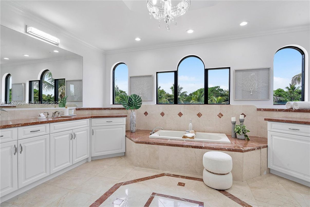 Bathroom, Chandelier, Dual Sink Vanities, Interior, Recessed Lighting